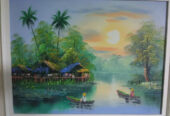 Painting – Thailand, Boats, Canoes, Water, Sunset