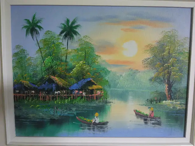 Painting – Thailand, Boats, Canoes, Water, Sunset